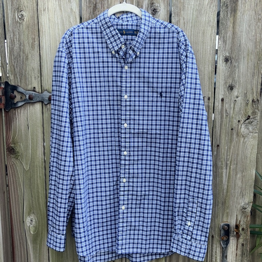 Ralph Lauren Classic Fit Blue Plaid Button Front Shirt Men’s Size XXL